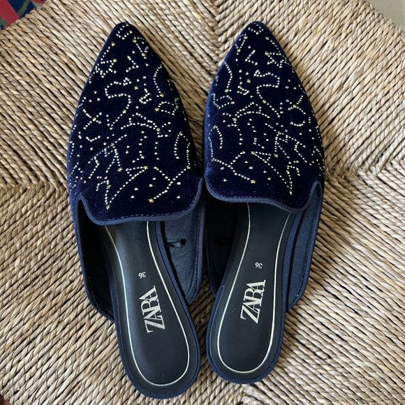 Zara Constellation Galaxy Rhinestone Blue Velvet Smoking Loafer Mules Shoes Flat - Picture 3 of 5